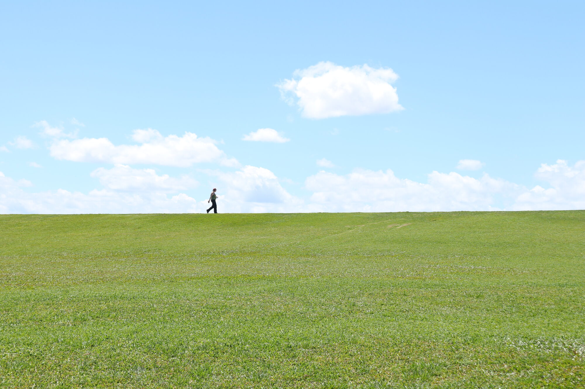 A lone walker on a vast green lawn under a single cloud