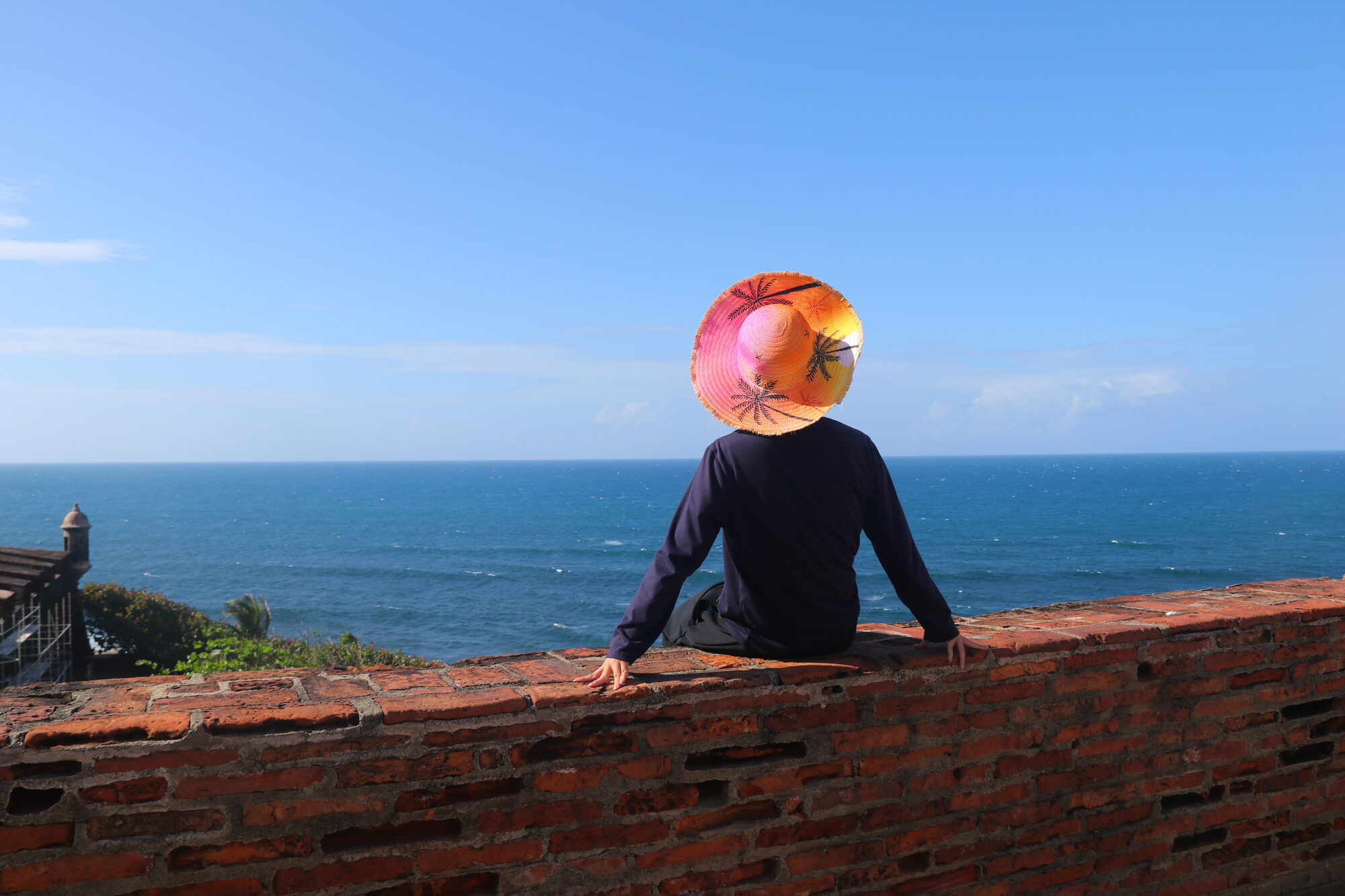 Sitting on the old brick wall holding a colorful umbrella, facing the sea