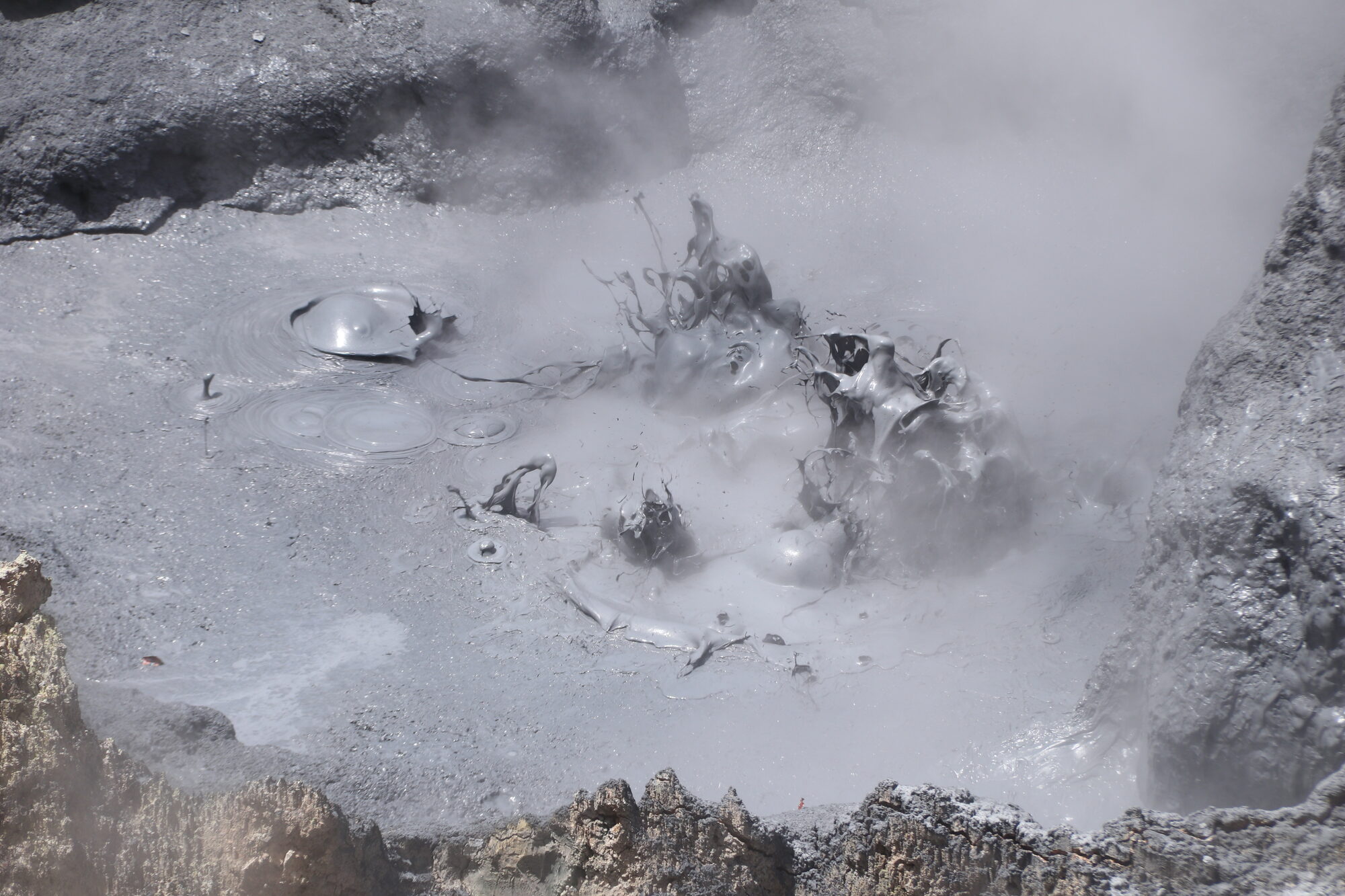 Grey volcanic mud bubbling at the sulphur springs