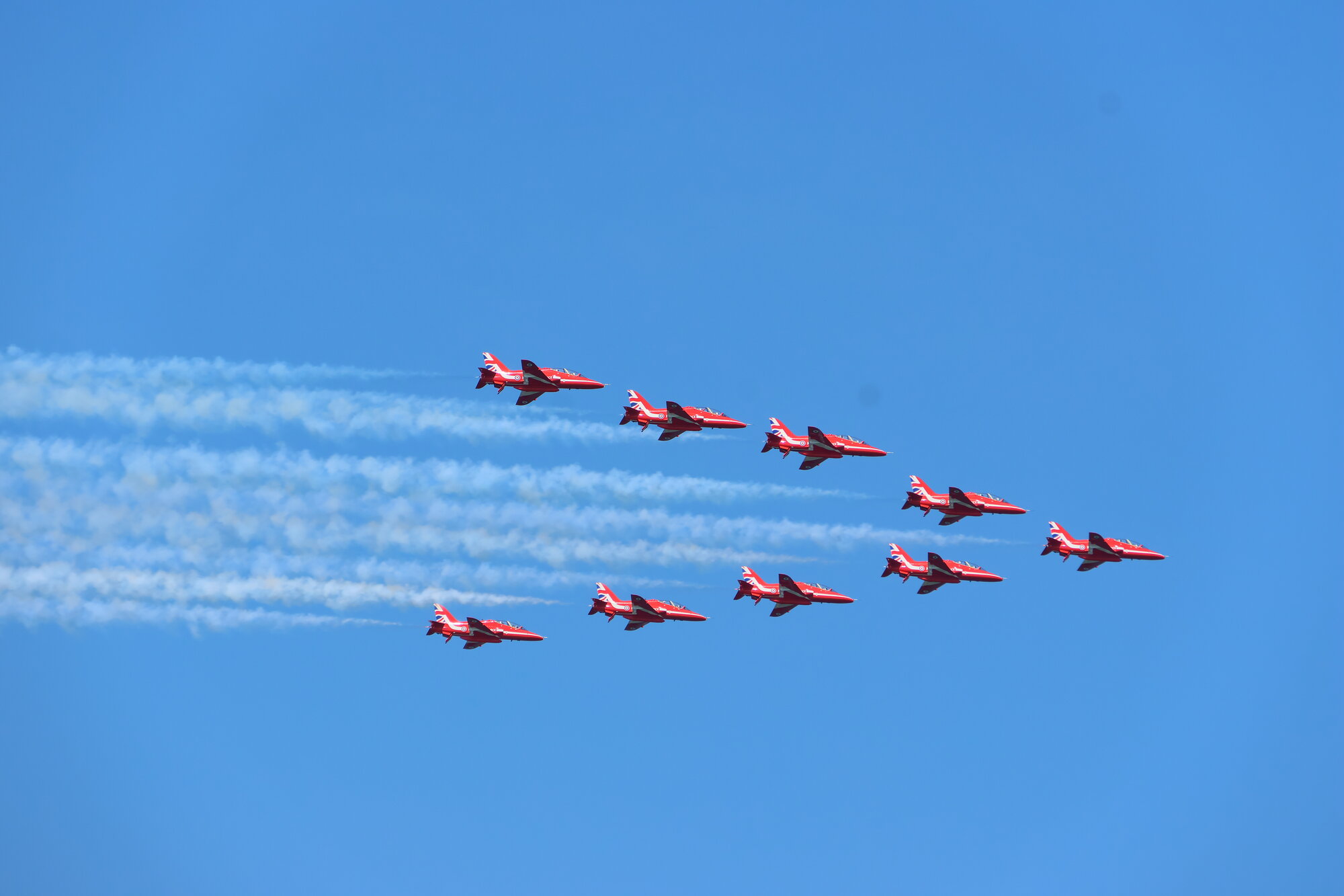 Red Arrows jets in formation with smoke trails