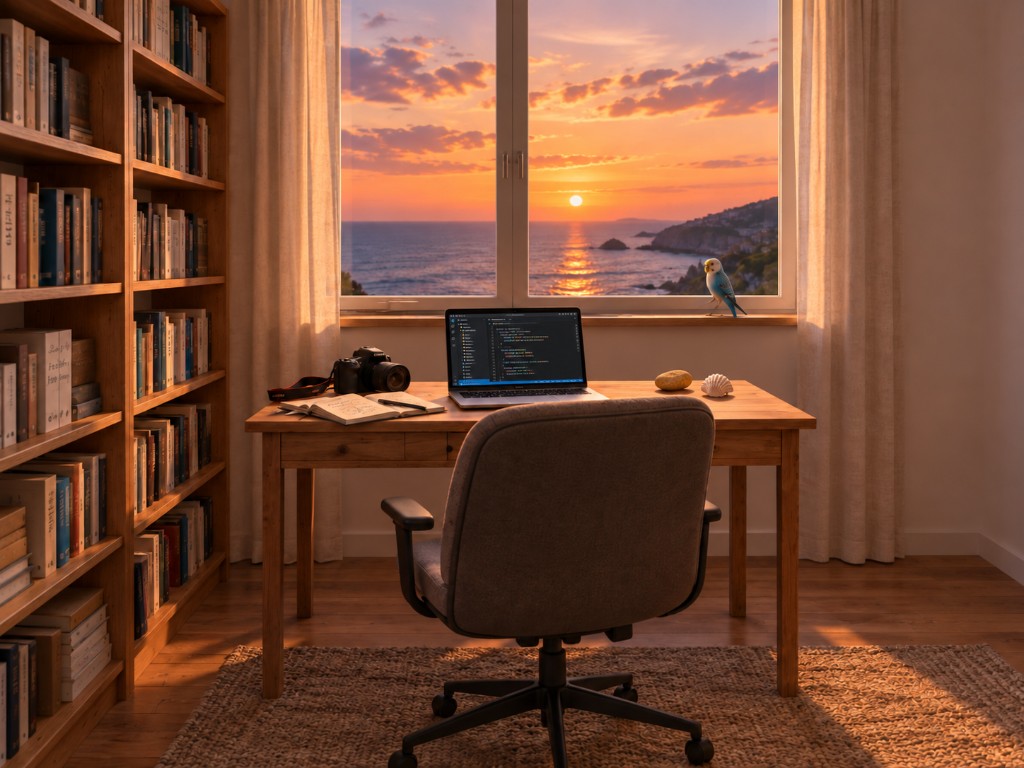 A study at sunset: bookshelf, camera, notebook, laptop, a yellow stone, and a seashell on the desk