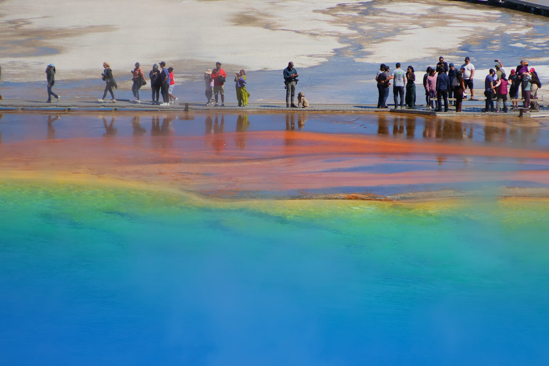 Visitors on a boardwalk above Grand Prismatic Spring