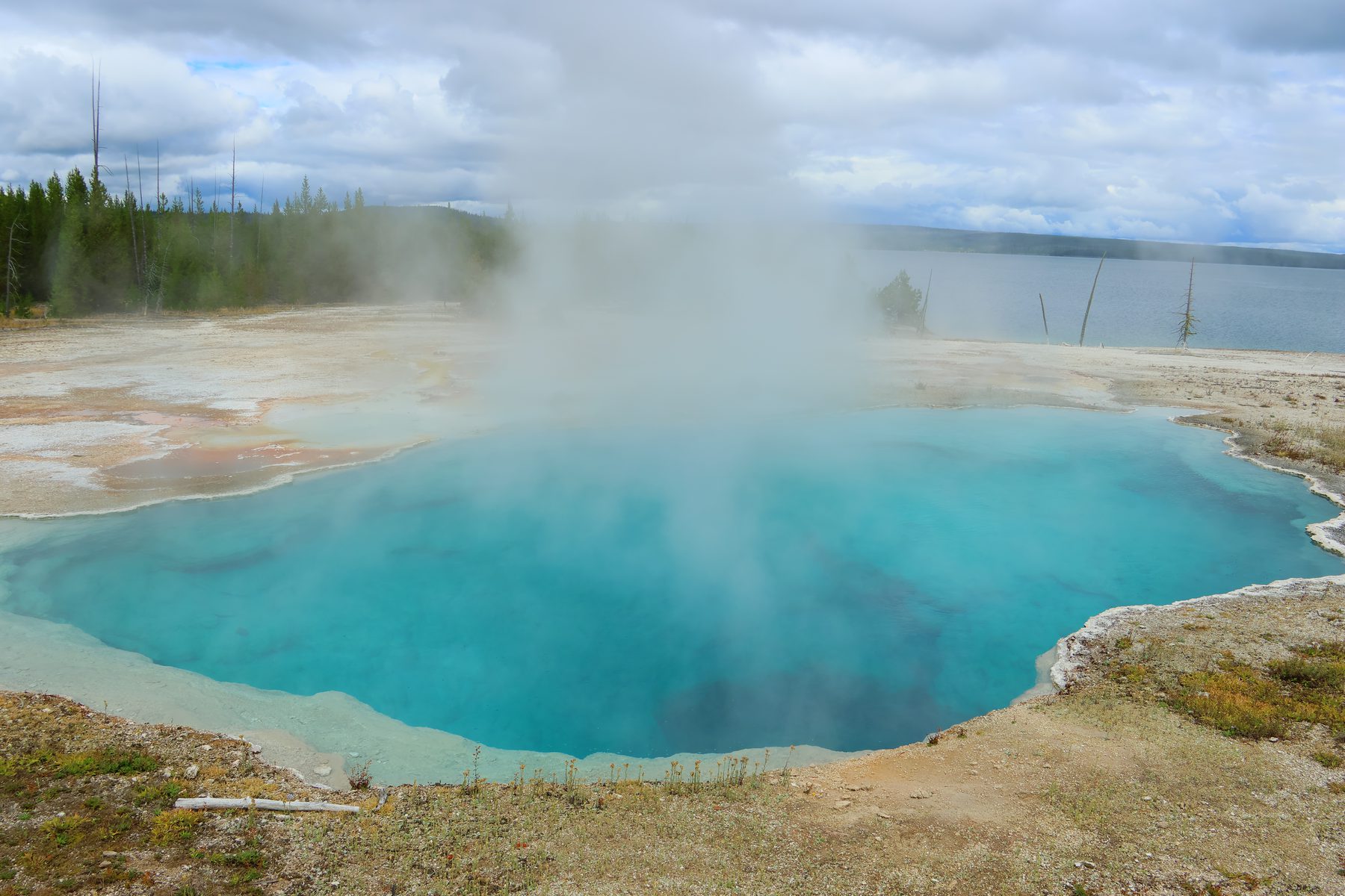 A steaming turquoise pool beside Yellowstone Lake